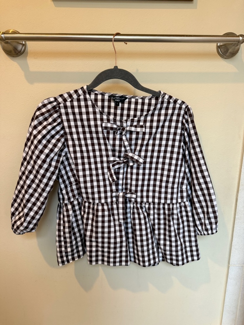 Brown & White Gingham Tie-Front Peplum Top
